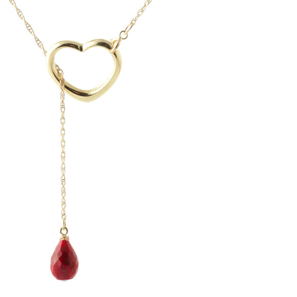 Galaxy Gold Products Jewelry - 14K. SOLID GOLD HEART NECKLACE WITH DROP BRIOLETTE NATURAL RUBY (Yellow Gold)